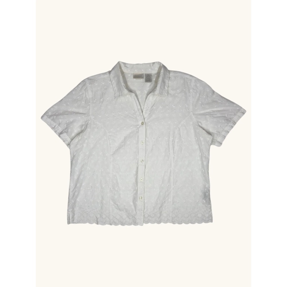 Erika Petits White Cotton Eyelet Floral Button Down Shirt Scalloped Hem PXL